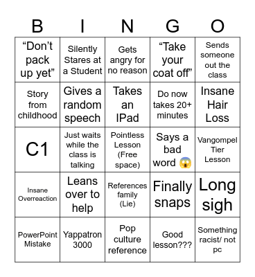 Teacher Bingo Card