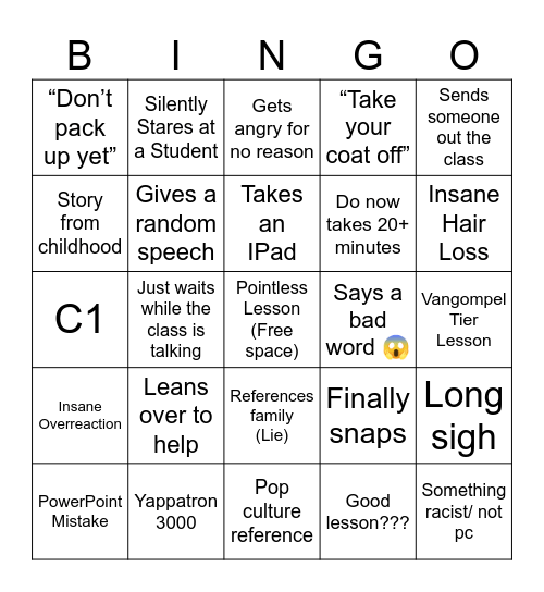 Teacher Bingo Card