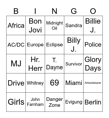 80's Musikkbingo Card