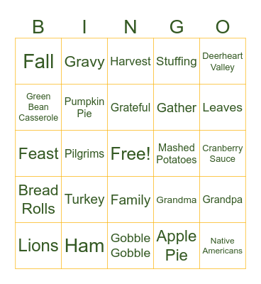 Adams Family Thanksgiving Bingo Card