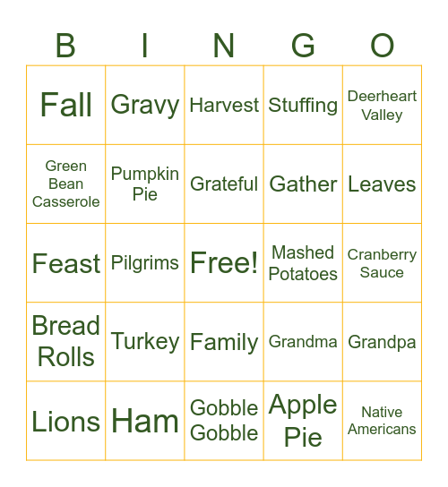 Adams Family Thanksgiving Bingo Card