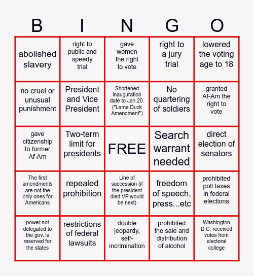 27 Amendments Bingo Card