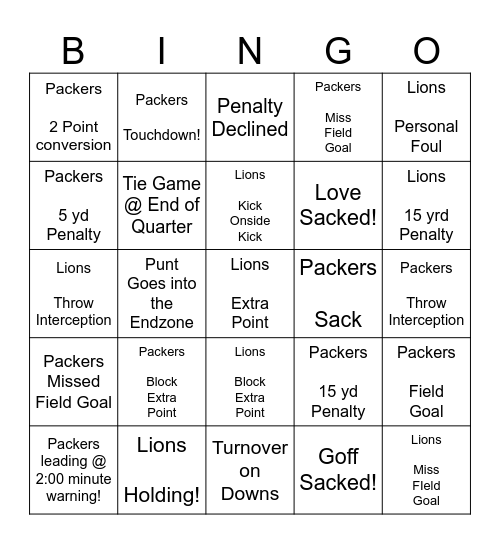 Thursday Night Football! Bingo Card