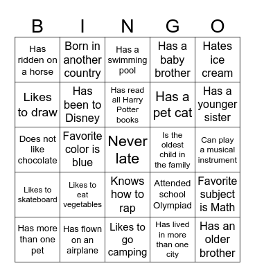 Classmate Bingo Card