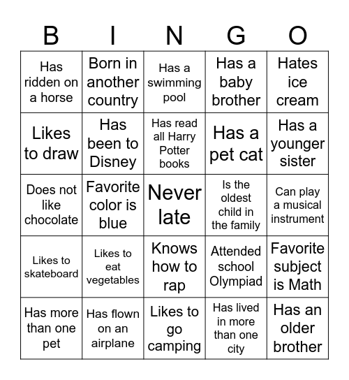 Classmate Bingo Card