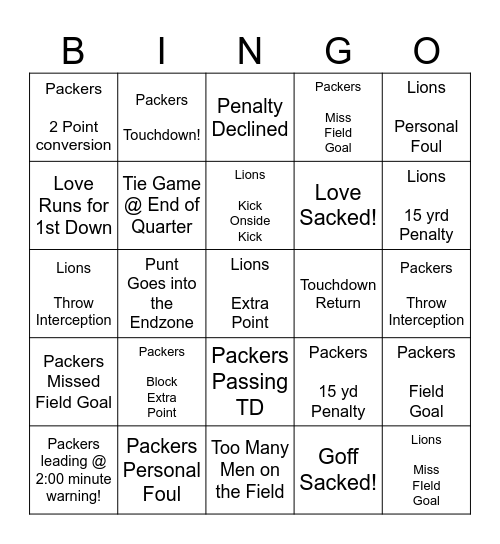 Thursday Night Football! Bingo Card