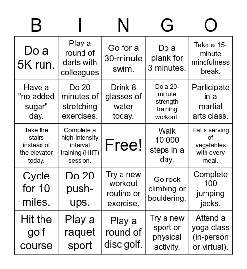 Fitness Challenge Bingo Card
