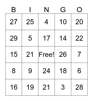 Number Patterns Bingo Card