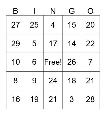 Number Patterns Bingo Card