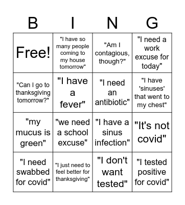 URGENT CARE THXGIVING BINGO Card