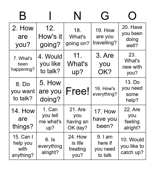 Are You Ok? Bingo Card