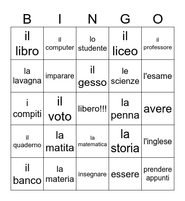 la scuola Bingo Card