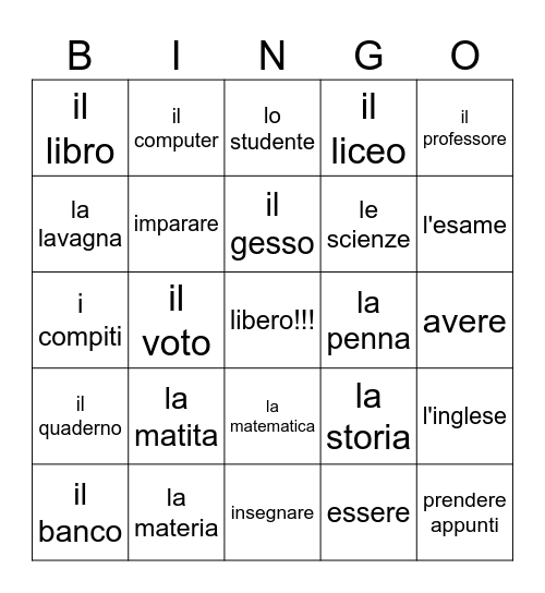 la scuola Bingo Card