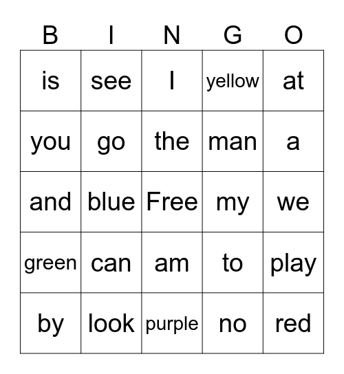 Sight Word Bingo Card