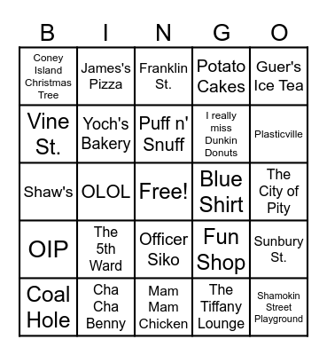 Shamokin Bingo Card
