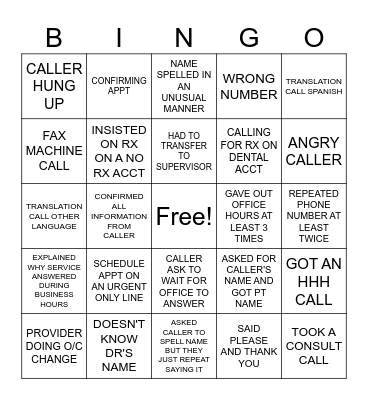 ANSWERING SERVICE Bingo Card