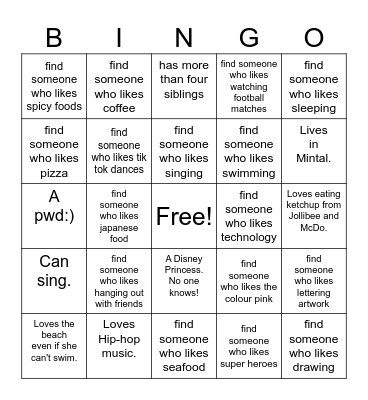 Find someone who likes... Bingo Card