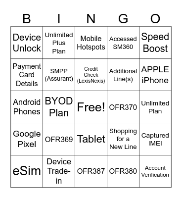 Spectrum Mobile BINGO! Bingo Card