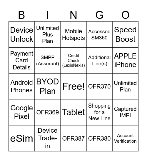 Spectrum Mobile BINGO! Bingo Card