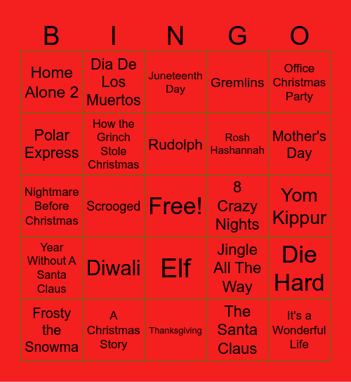 Holidays Movies Bingo Card