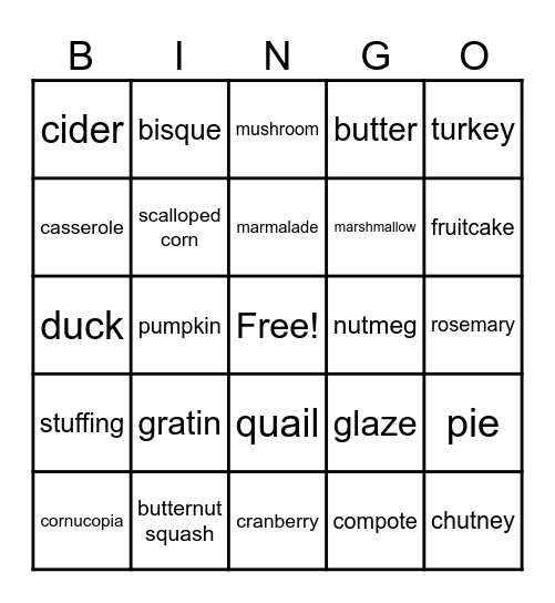 Thanksgiving in Culinary Bingo Card