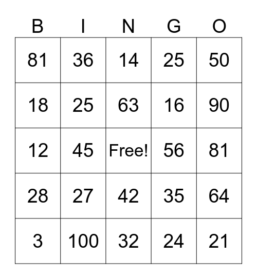 Times table Bingo Card