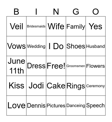 Jodi's Bridal Shower! Bingo Card