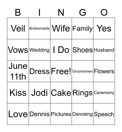 Jodi's Bridal Shower! Bingo Card