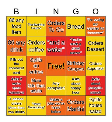 Night Before Thanksgiving FOH Bingo Card