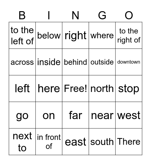 Arabic Directions Bingo Card