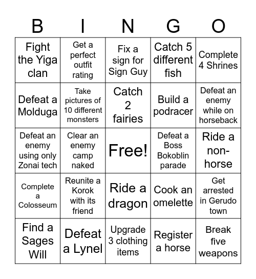 TotK Bingo Card