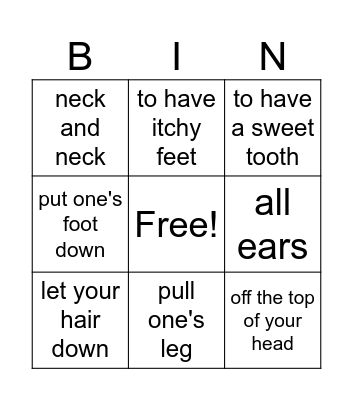 Idioms (body parts) Bingo Card