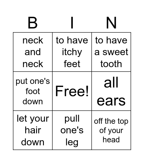 Idioms (body parts) Bingo Card