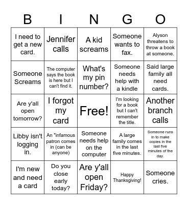 Library Thanksgiving Holiday Bingo Card