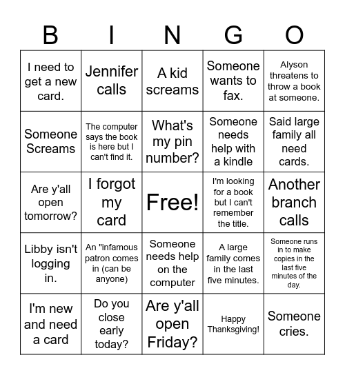 Library Thanksgiving Holiday Bingo Card