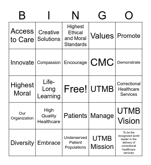 UTMB Mission for Region 6 MH Training Day Bingo Card
