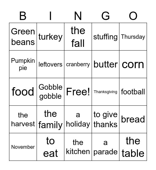 El Día de Acción de Gracias Bingo Card