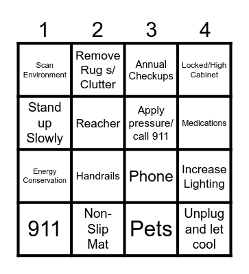 Falls Prevention Bingo Card