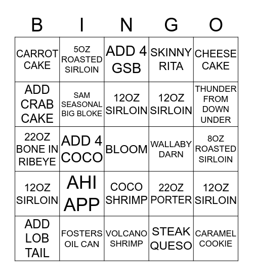 OUTBACK DINGO Bingo Card