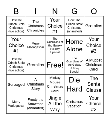 Whittier Holiday Movie Bingo Card