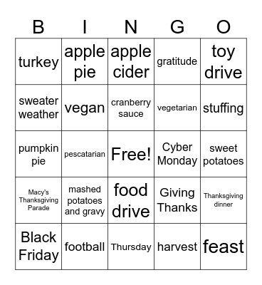 Fall/Winter andThanksgiving Bingo Card