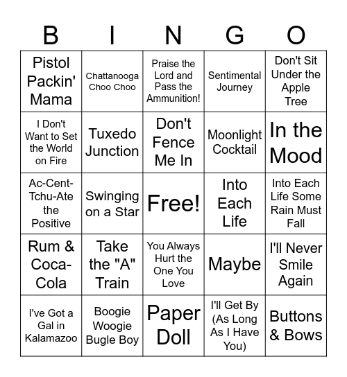 40s Songs Bingo Card