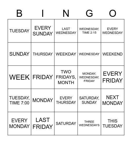 DAYS OF THE WEEK IN ASL Bingo Card