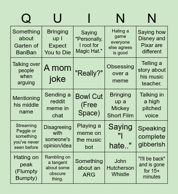 Quinn Game Bingo Card