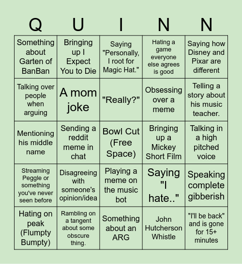 Quinn Game Bingo Card