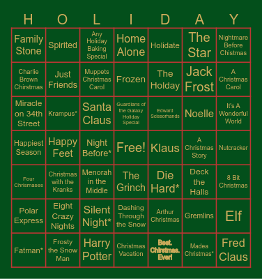 Holiday Movie Bingo Card