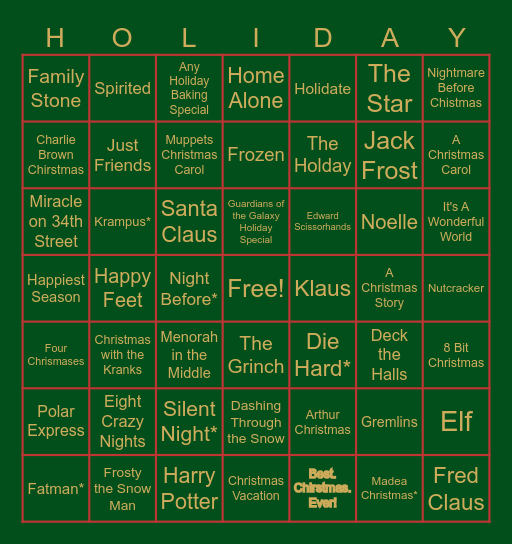 Holiday Movie Bingo Card