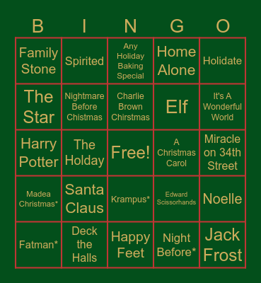 Holiday Activity Bingo Card