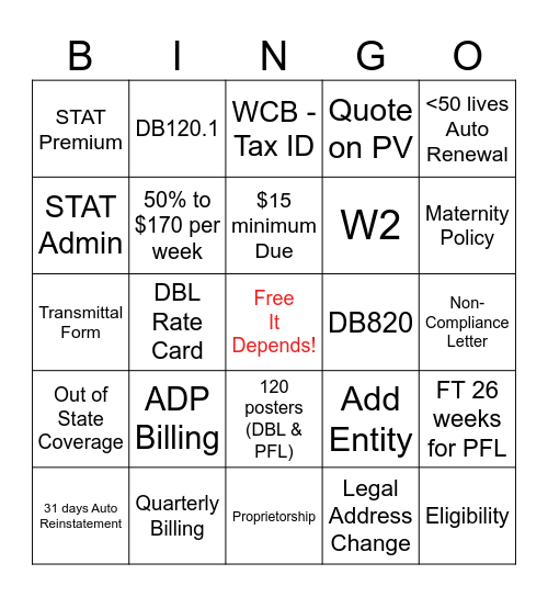 STAT Bingo Card