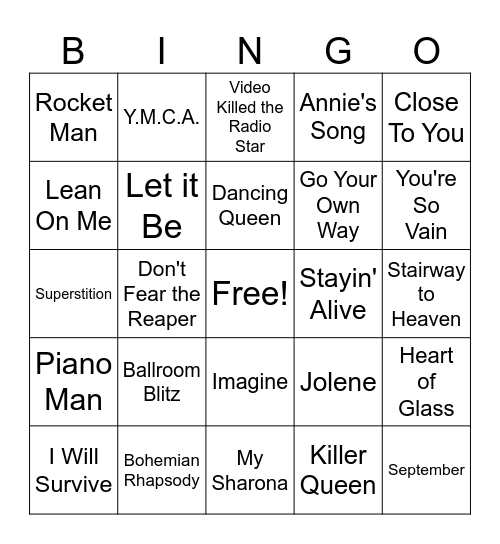 70s Songs Bingo Card